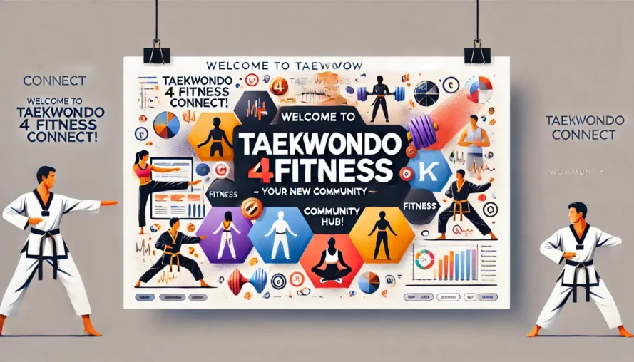 Welcome to Taekwondo4Fitness Connect – Your New Community Hub featuring Taekwondo, fitness, and community-themed elements.