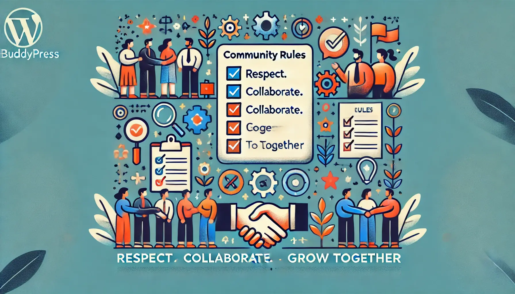 Community Rules page banner with icons representing collaboration, inclusivity, and guidelines for Taekwondo4Fitness Connect.