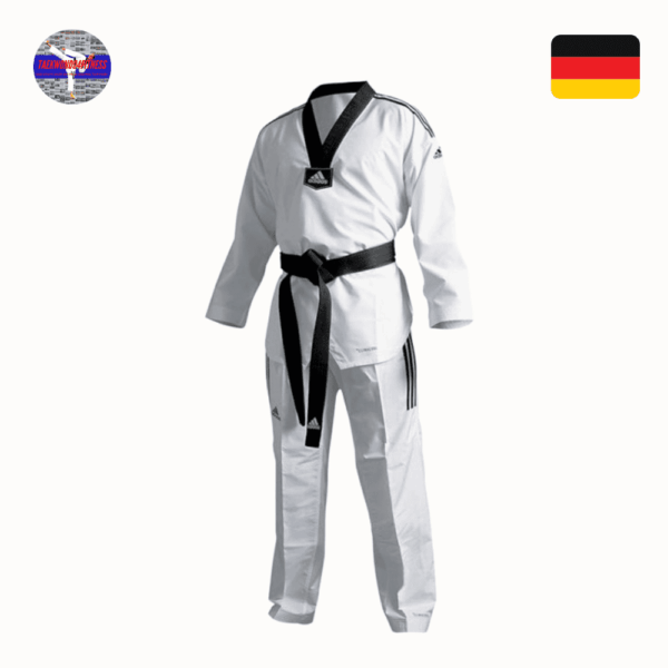 Adidas Taekwondo Uniform, adi Fighter Eco with Black Stripes, durable and lightweight, perfect for competitions