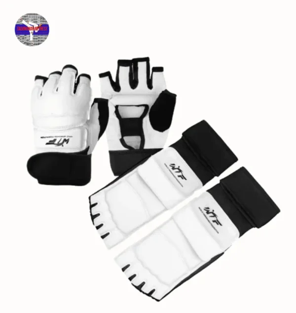 LangRay Taekwondo Karate Gloves & Sparring Gear Foot Protector Set, Karate Boxing Sparring Foot Guard and Half-Finger Gloves Kit for Martial Arts TKD Kung Fu Punch Bag Kickboxing MMA Training