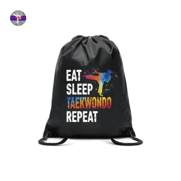 Eat Sleep Taekwondo Repeat Drawstring Backpack - Waterproof Sports Bag for Men & Women | Taekwondo Player Gifts & Martial Arts Gym Bag