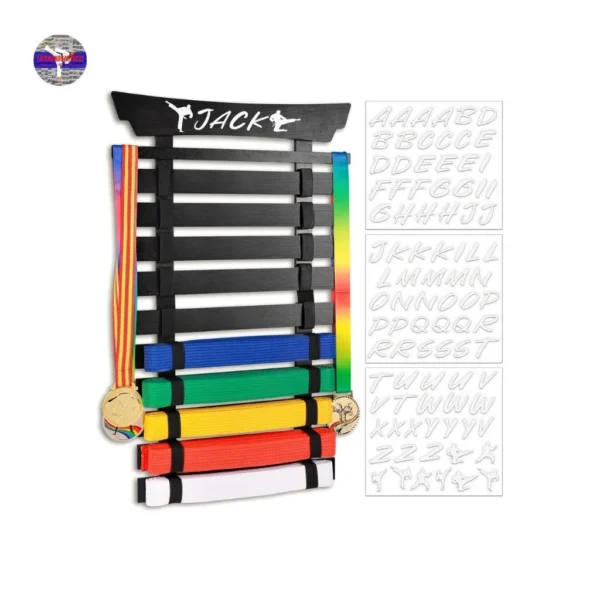 Ultimate Martial Arts Belt Display Rack – 10 Belt Holder with Personalized Stickers
