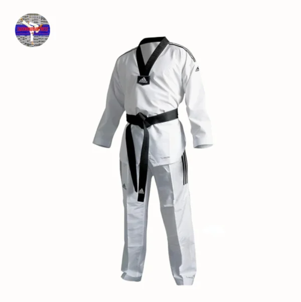 Adidas Eco Fighter 3 Taekwondo uniform with black V-neck and 3 stripes, made from 100% polyester for sparring